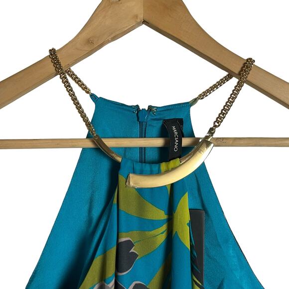 Marciano Blue Tropical Floral Print Halter Gold Chain Asymmetric Top Size Small - Picture 2 of 11